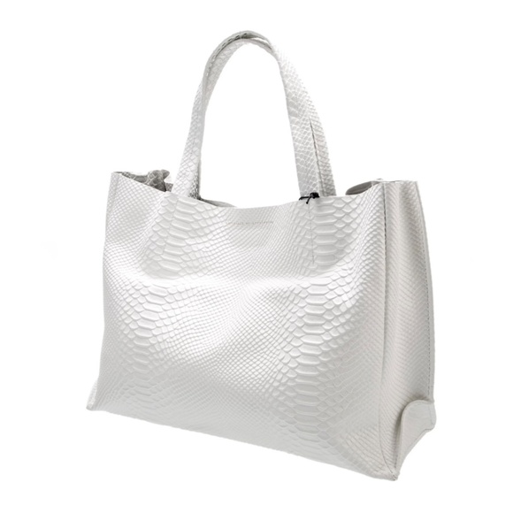Ampersand As Apostrophe White Sideways Python Textured Leather Tote Bag - Picture 11 of 13